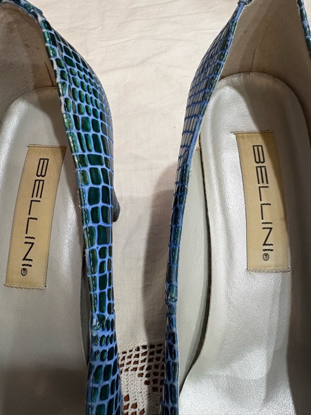 Bellini Blue and Green Leather Croc-Embossed Glossy Square Toe Pumps - Picture 5 of 5